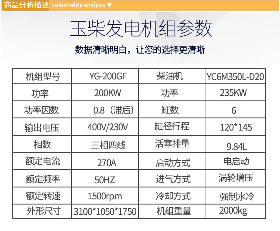 玉柴200KW柴油发电机组参数