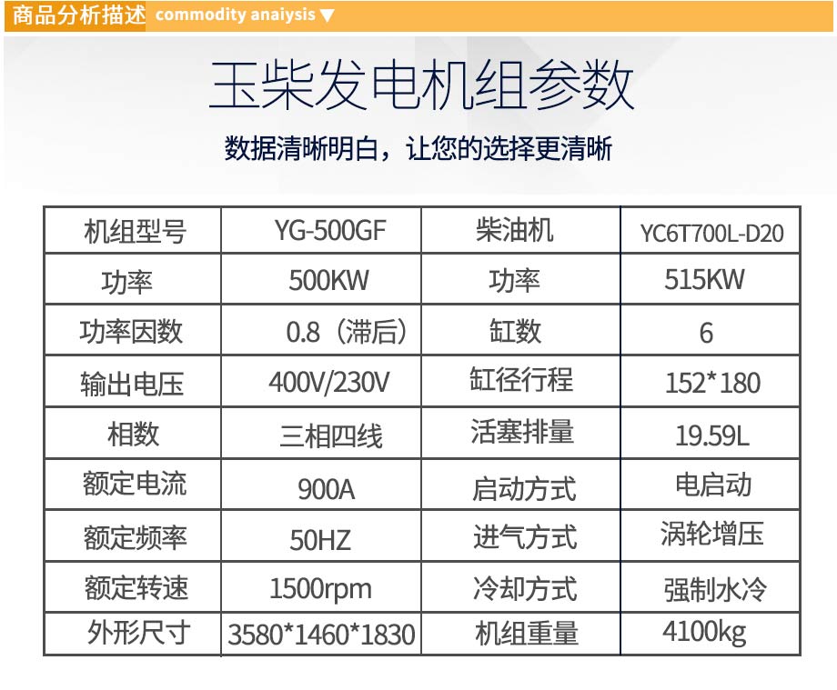 玉柴500KW柴油发电机组参数